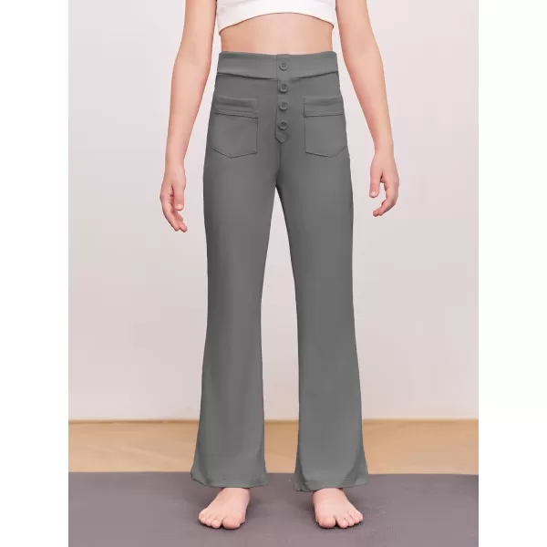 Haloumoning Girl's Flare Pants Kids High Waisted Button Multiple Pockets Yoga Bootcut Pants Full Length Bell Bottoms