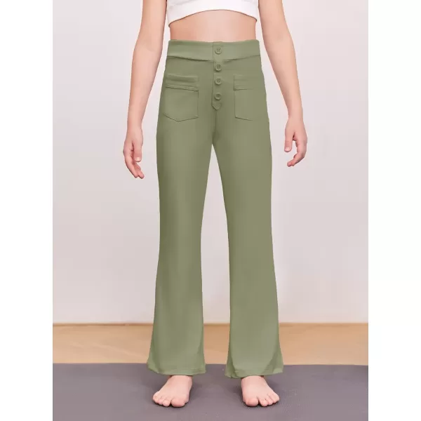 Haloumoning Girl's Flare Pants Kids High Waisted Button Multiple Pockets Yoga Bootcut Pants Full Length Bell Bottoms