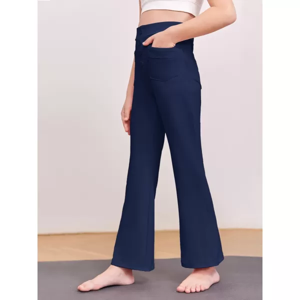 Haloumoning Girl's Flare Pants Kids High Waisted Button Multiple Pockets Yoga Bootcut Pants Full Length Bell Bottoms