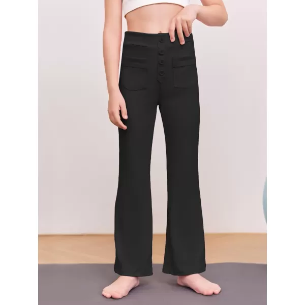 Haloumoning Girl's Flare Pants Kids High Waisted Button Multiple Pockets Yoga Bootcut Pants Full Length Bell Bottoms