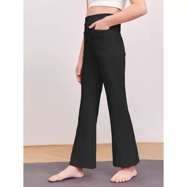 Haloumoning Girl's Flare Pants Kids High Waisted Button Multiple Pockets Yoga Bootcut Pants Full Length Bell Bottoms