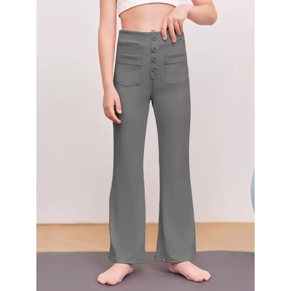 Haloumoning Girl's Flare Pants Kids High Waisted Button Multiple Pockets Yoga Bootcut Pants Full Length Bell Bottoms