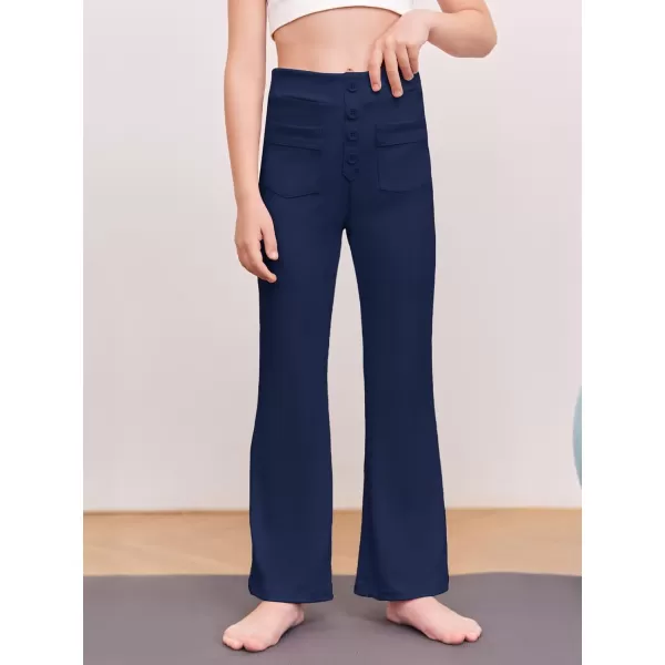 Haloumoning Girl's Flare Pants Kids High Waisted Button Multiple Pockets Yoga Bootcut Pants Full Length Bell Bottoms
