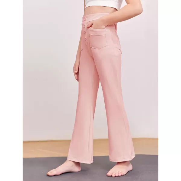 Haloumoning Girl's Flare Pants Kids High Waisted Button Multiple Pockets Yoga Bootcut Pants Full Length Bell Bottoms