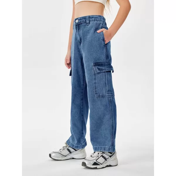 Haloumoning Girls Jeans Denim Elastic High Waisted Wide Leg Baggy Cargo Pants with Pockets 5-14 Years
