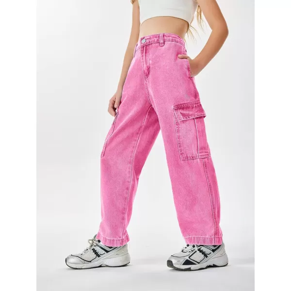 Haloumoning Girls Jeans Denim Elastic High Waisted Wide Leg Baggy Cargo Pants with Pockets 5-14 Years
