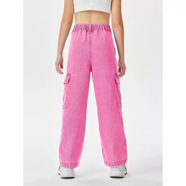 Haloumoning Girls Jeans Denim Elastic High Waisted Wide Leg Baggy Cargo Pants with Pockets 5-14 Years