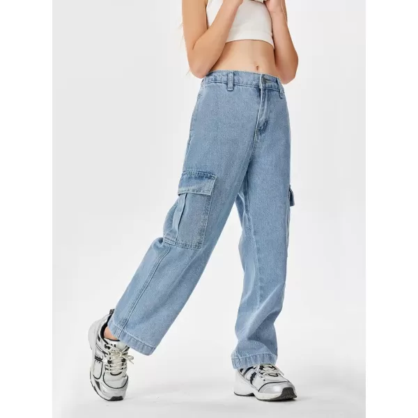 Haloumoning Girls Jeans Denim Elastic High Waisted Wide Leg Baggy Cargo Pants with Pockets 5-14 Years