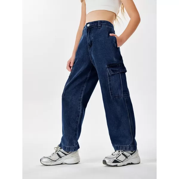 Haloumoning Girls Jeans Denim Elastic High Waisted Wide Leg Baggy Cargo Pants with Pockets 5-14 Years