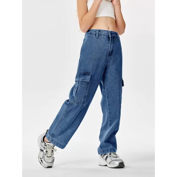 Haloumoning Girls Jeans Denim Elastic High Waisted Wide Leg Baggy Cargo Pants with Pockets 5-14 Years