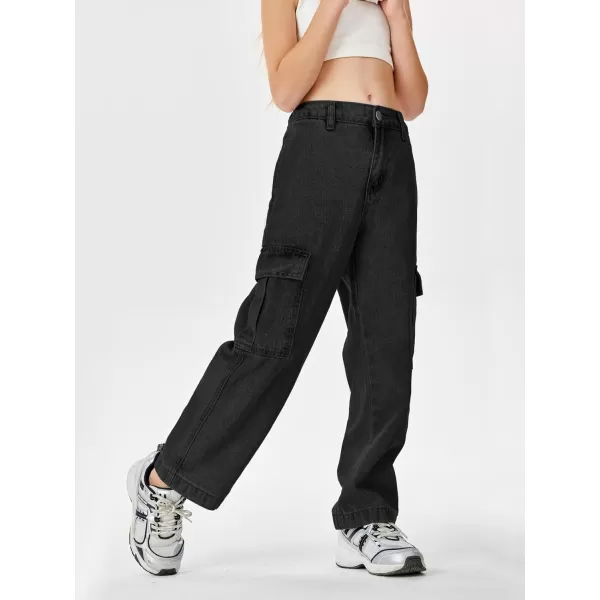 Haloumoning Girls Jeans Denim Elastic High Waisted Wide Leg Baggy Cargo Pants with Pockets 5-14 Years
