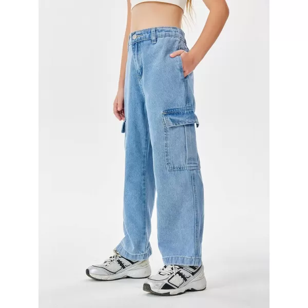 Haloumoning Girls Jeans Denim Elastic High Waisted Wide Leg Baggy Cargo Pants with Pockets 5-14 Years