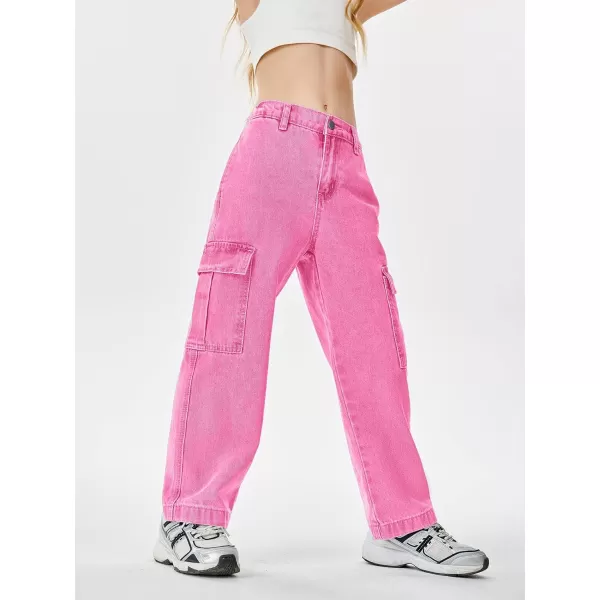 Haloumoning Girls Jeans Denim Elastic High Waisted Wide Leg Baggy Cargo Pants with Pockets 5-14 Years