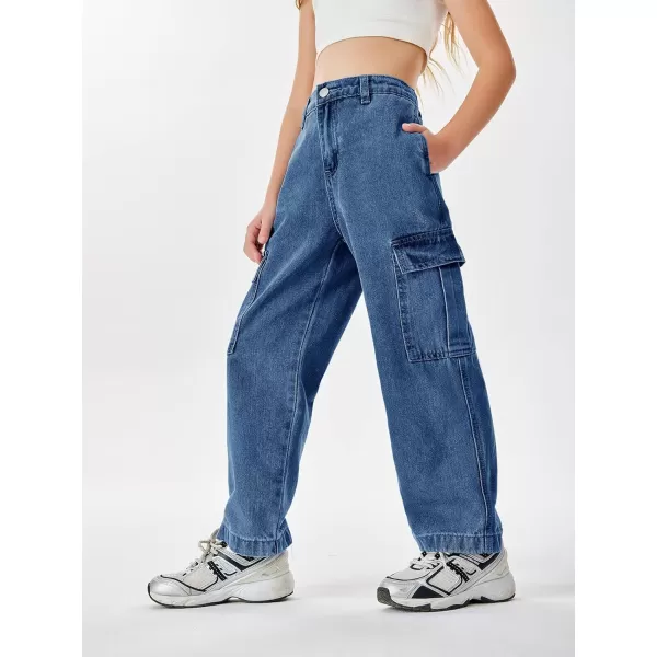 Haloumoning Girls Jeans Denim Elastic High Waisted Wide Leg Baggy Cargo Pants with Pockets 5-14 Years