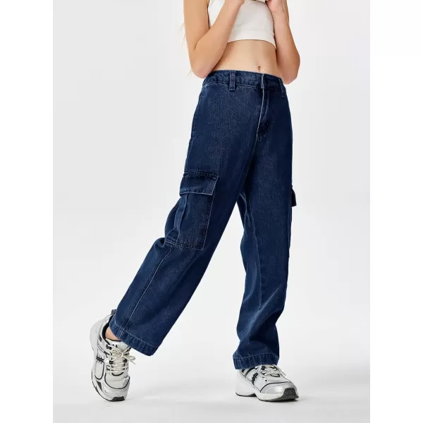 Haloumoning Girls Jeans Denim Elastic High Waisted Wide Leg Baggy Cargo Pants with Pockets 5-14 Years