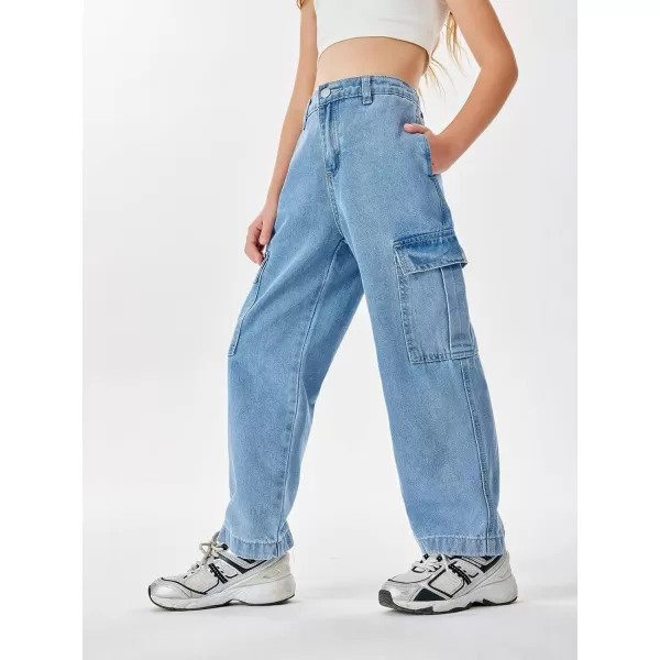 Haloumoning Girls Jeans Denim Elastic High Waisted Wide Leg Baggy Cargo Pants with Pockets 5-14 Years