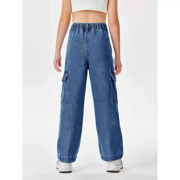 Haloumoning Girls Jeans Denim Elastic High Waisted Wide Leg Baggy Cargo Pants with Pockets 5-14 Years