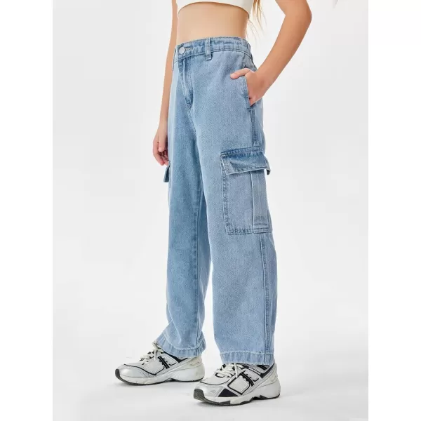 Haloumoning Girls Jeans Denim Elastic High Waisted Wide Leg Baggy Cargo Pants with Pockets 5-14 Years