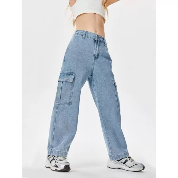 Haloumoning Girls Jeans Denim Elastic High Waisted Wide Leg Baggy Cargo Pants with Pockets 5-14 Years