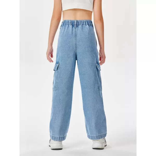 Haloumoning Girls Jeans Denim Elastic High Waisted Wide Leg Baggy Cargo Pants with Pockets 5-14 Years