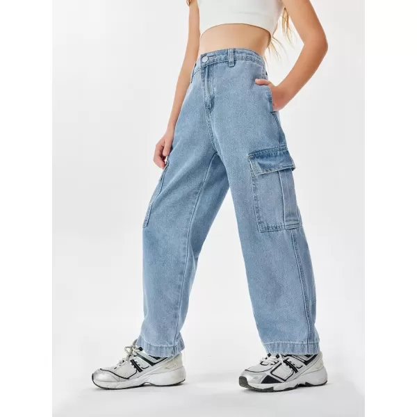 Haloumoning Girls Jeans Denim Elastic High Waisted Wide Leg Baggy Cargo Pants with Pockets 5-14 Years