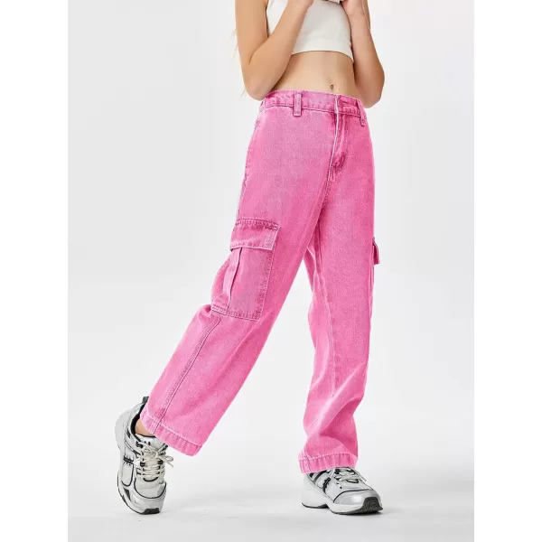 Haloumoning Girls Jeans Denim Elastic High Waisted Wide Leg Baggy Cargo Pants with Pockets 5-14 Years