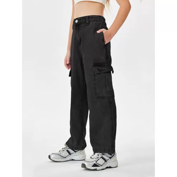 Haloumoning Girls Jeans Denim Elastic High Waisted Wide Leg Baggy Cargo Pants with Pockets 5-14 Years