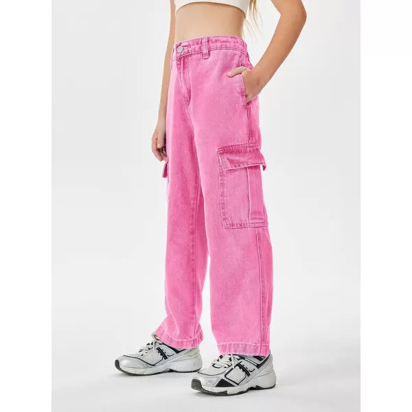 Haloumoning Girls Jeans Denim Elastic High Waisted Wide Leg Baggy Cargo Pants with Pockets 5-14 Years