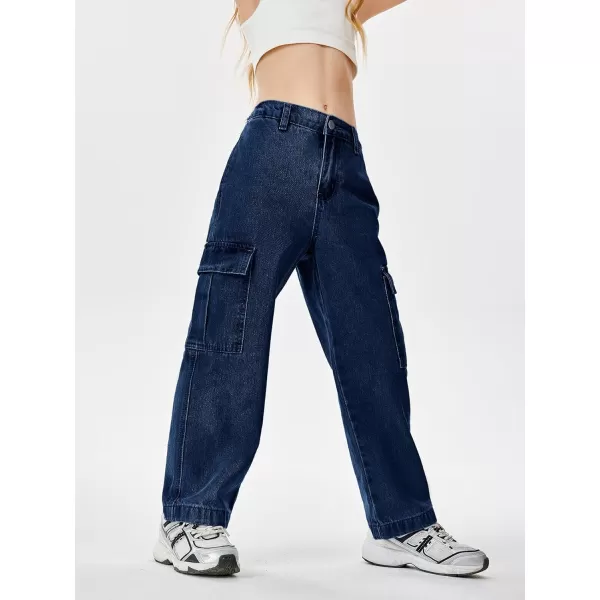 Haloumoning Girls Jeans Denim Elastic High Waisted Wide Leg Baggy Cargo Pants with Pockets 5-14 Years