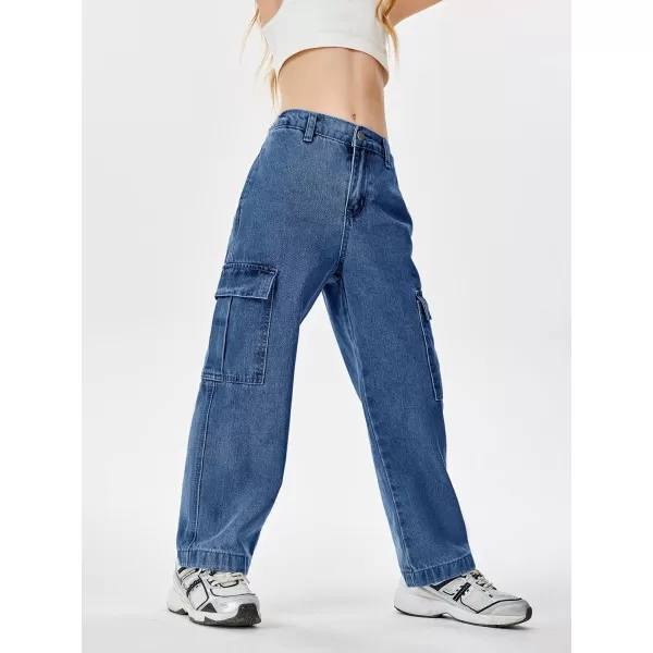 Haloumoning Girls Jeans Denim Elastic High Waisted Wide Leg Baggy Cargo Pants with Pockets 5-14 Years