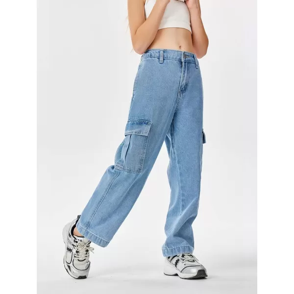 Haloumoning Girls Jeans Denim Elastic High Waisted Wide Leg Baggy Cargo Pants with Pockets 5-14 Years