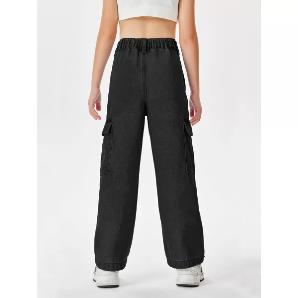 Haloumoning Girls Jeans Denim Elastic High Waisted Wide Leg Baggy Cargo Pants with Pockets 5-14 Years