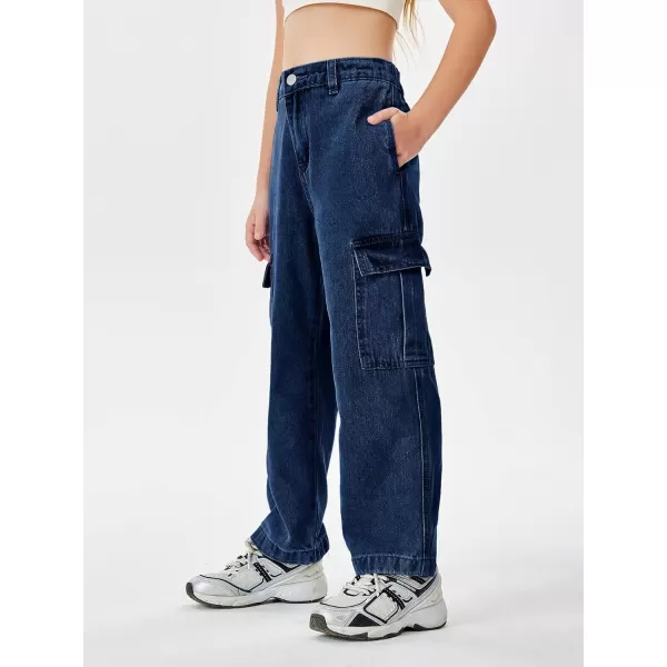 Haloumoning Girls Jeans Denim Elastic High Waisted Wide Leg Baggy Cargo Pants with Pockets 5-14 Years