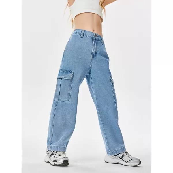 Haloumoning Girls Jeans Denim Elastic High Waisted Wide Leg Baggy Cargo Pants with Pockets 5-14 Years