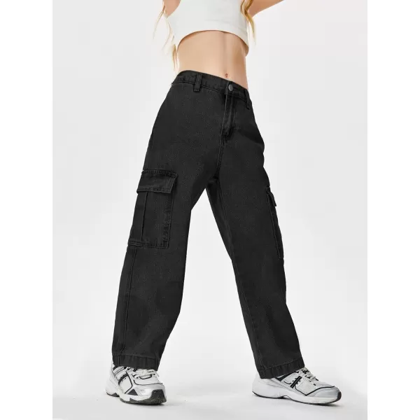 Haloumoning Girls Jeans Denim Elastic High Waisted Wide Leg Baggy Cargo Pants with Pockets 5-14 Years
