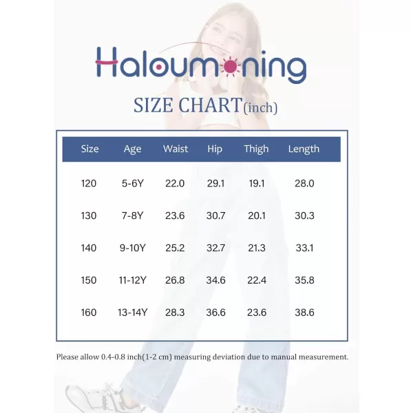 Haloumoning Girls Jeans Denim Elastic High Waisted Wide Leg Baggy Cargo Pants with Pockets 5-14 Years