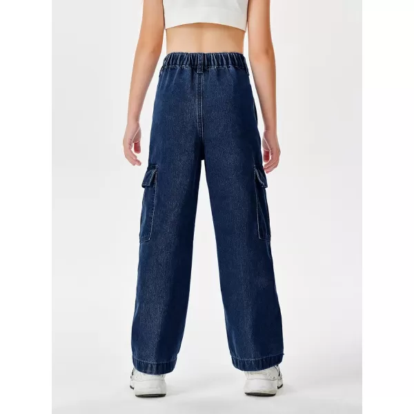 Haloumoning Girls Jeans Denim Elastic High Waisted Wide Leg Baggy Cargo Pants with Pockets 5-14 Years