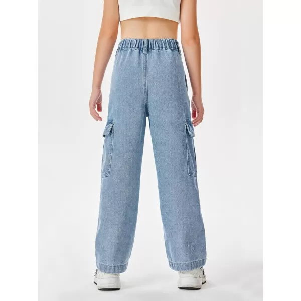 Haloumoning Girls Jeans Denim Elastic High Waisted Wide Leg Baggy Cargo Pants with Pockets 5-14 Years
