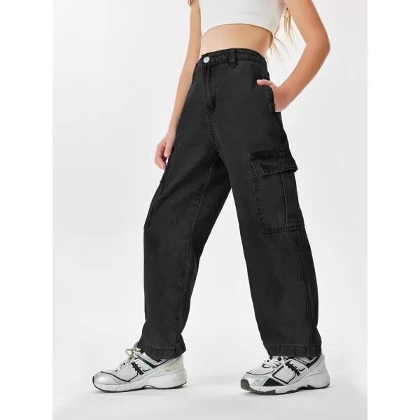 Haloumoning Girls Jeans Denim Elastic High Waisted Wide Leg Baggy Cargo Pants with Pockets 5-14 Years