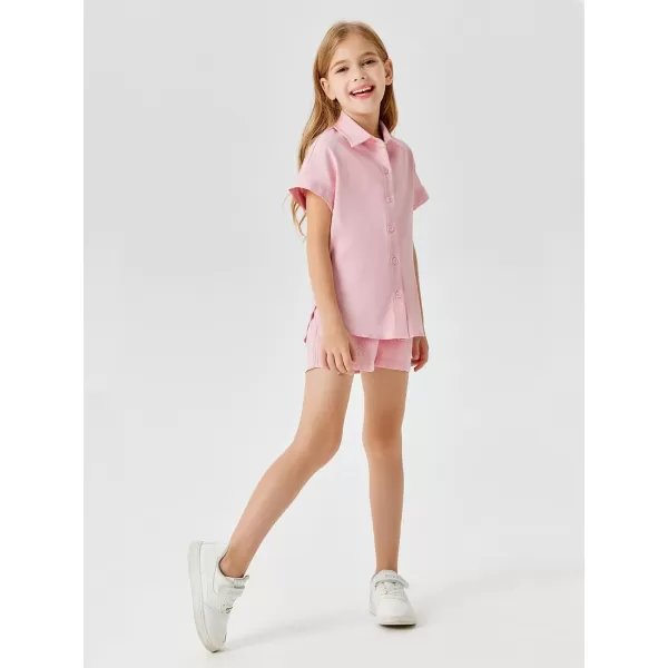 Haloumoning Girls Short Sets Summer Button Down Shirts and Shorts with Pockets 2 Piece Outfits 5-14 Years