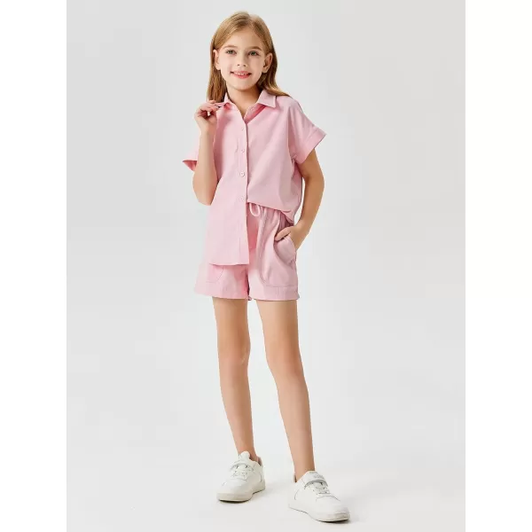 Haloumoning Girls Short Sets Summer Button Down Shirts and Shorts with Pockets 2 Piece Outfits 5-14 Years