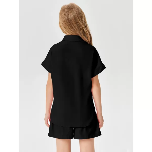Haloumoning Girls Short Sets Summer Button Down Shirts and Shorts with Pockets 2 Piece Outfits 5-14 Years