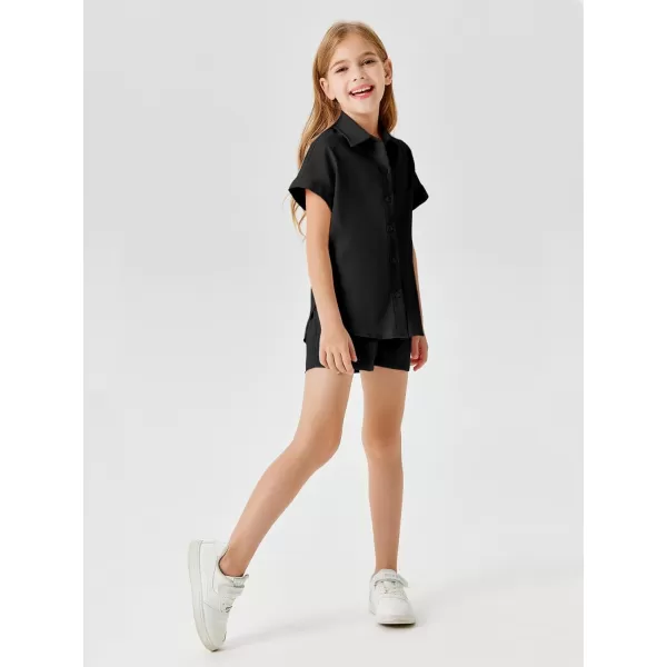 Haloumoning Girls Short Sets Summer Button Down Shirts and Shorts with Pockets 2 Piece Outfits 5-14 Years