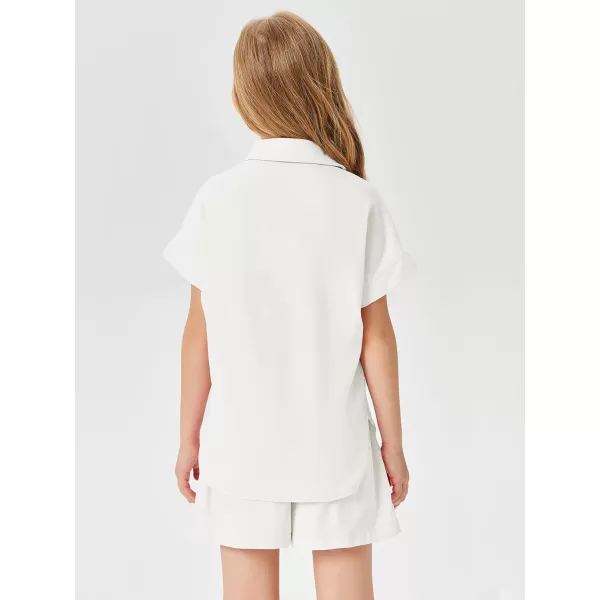 Haloumoning Girls Short Sets Summer Button Down Shirts and Shorts with Pockets 2 Piece Outfits 5-14 Years