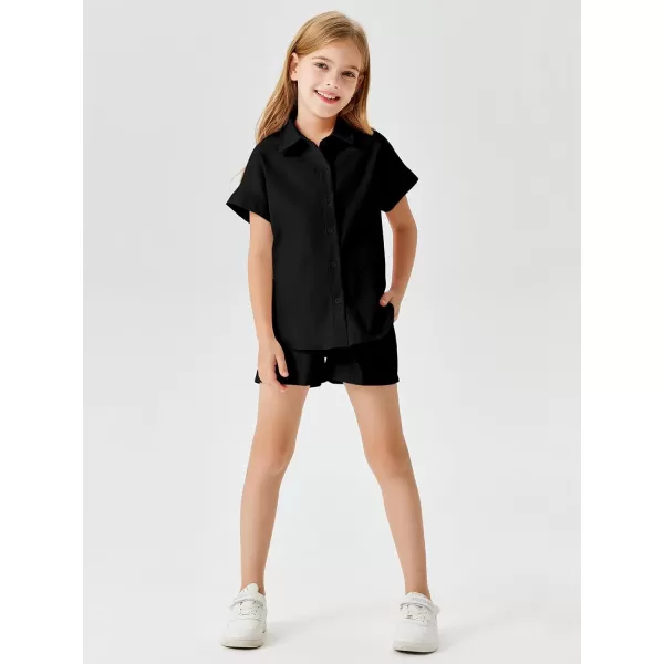 Haloumoning Girls Short Sets Summer Button Down Shirts and Shorts with Pockets 2 Piece Outfits 5-14 Years