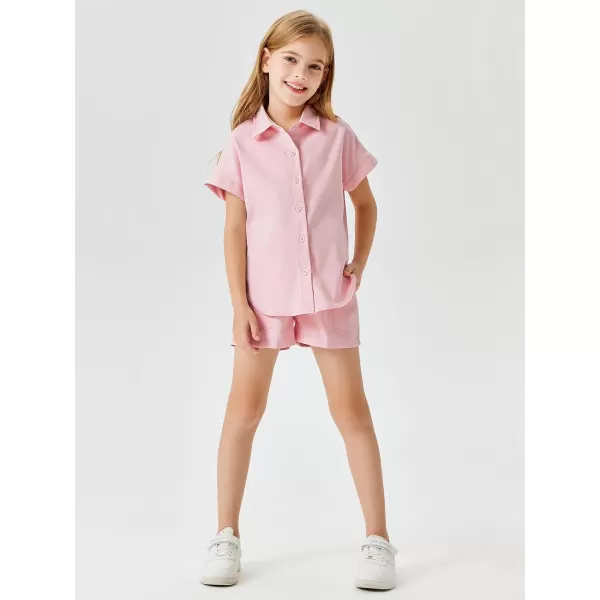Haloumoning Girls Short Sets Summer Button Down Shirts and Shorts with Pockets 2 Piece Outfits 5-14 Years