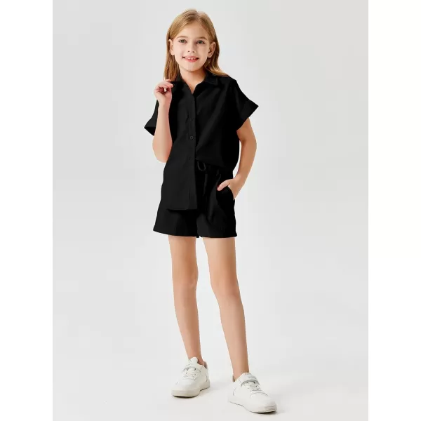 Haloumoning Girls Short Sets Summer Button Down Shirts and Shorts with Pockets 2 Piece Outfits 5-14 Years