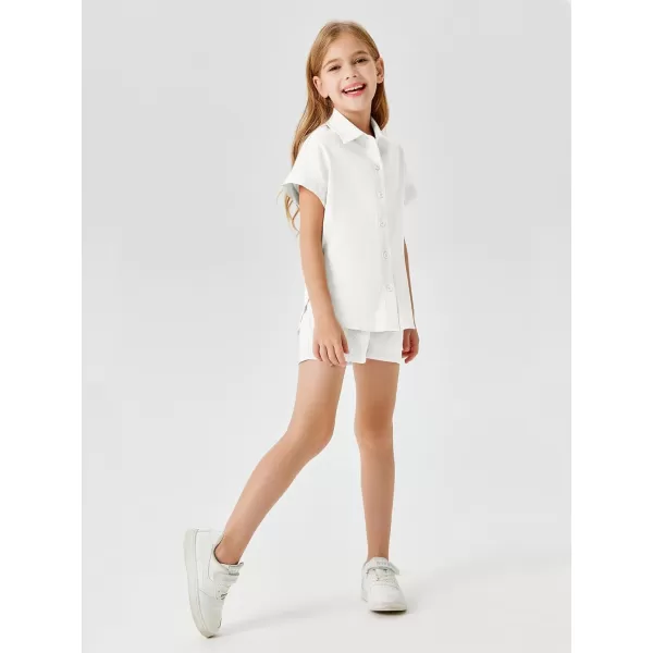 Haloumoning Girls Short Sets Summer Button Down Shirts and Shorts with Pockets 2 Piece Outfits 5-14 Years