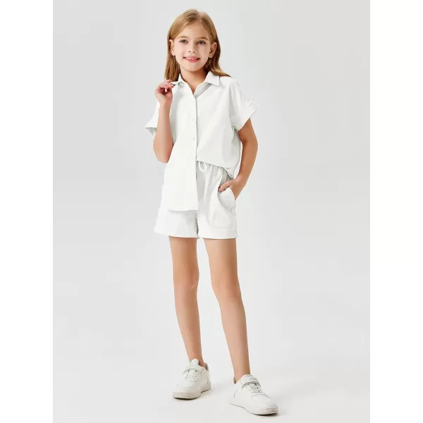 Haloumoning Girls Short Sets Summer Button Down Shirts and Shorts with Pockets 2 Piece Outfits 5-14 Years