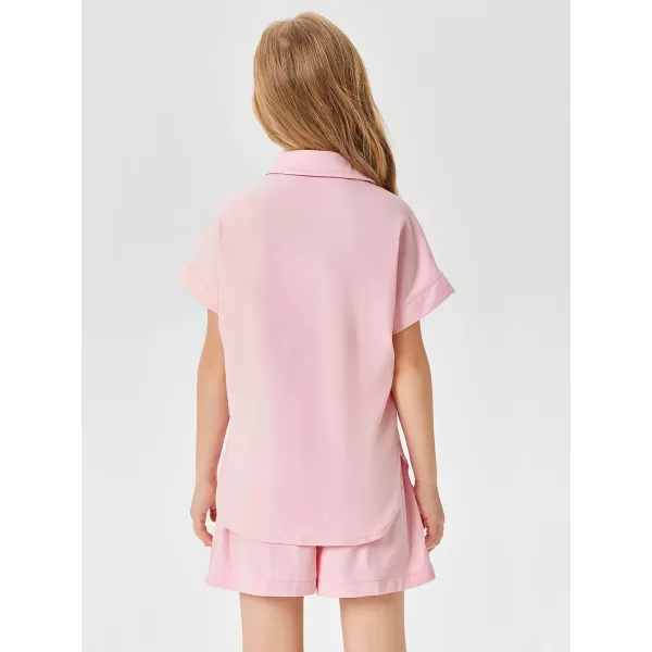 Haloumoning Girls Short Sets Summer Button Down Shirts and Shorts with Pockets 2 Piece Outfits 5-14 Years